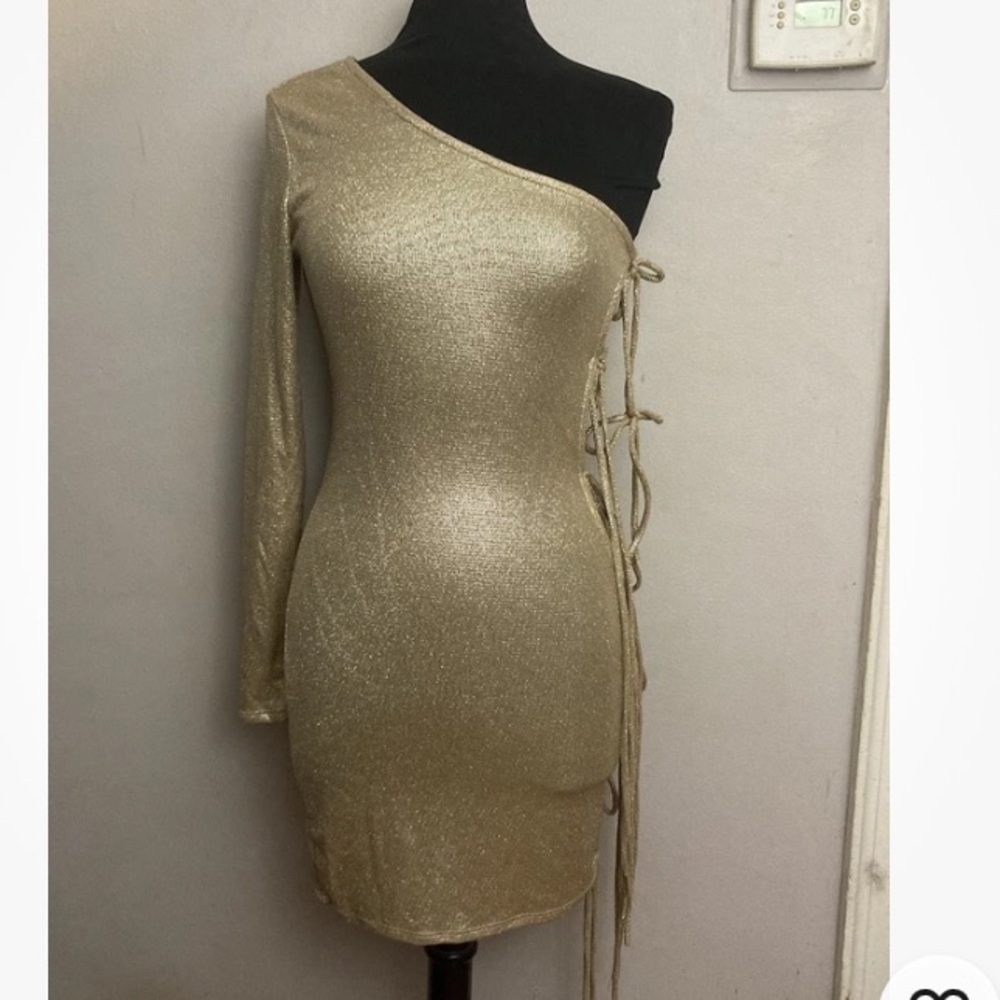 8-3 Fashion Nova Gold Mini dress Large Sexy Club Side Tie NWT